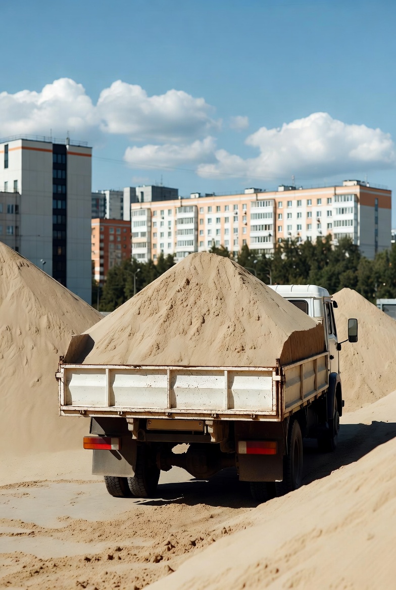 Самосвал с песком на строительной площадке в Москве